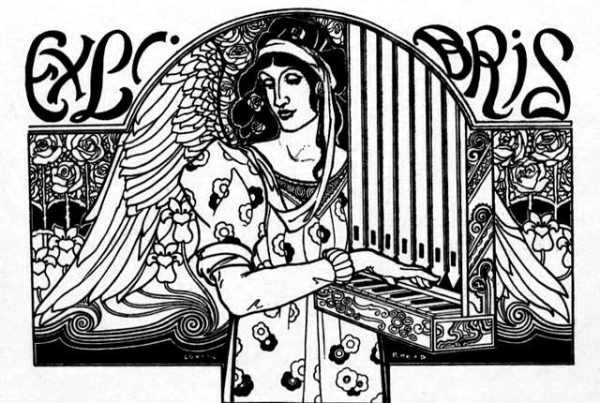 Line drawing of woman with books and text Ex Libris