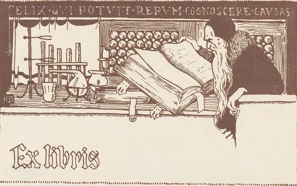 Man with beard reading a big book with text Ex Libris