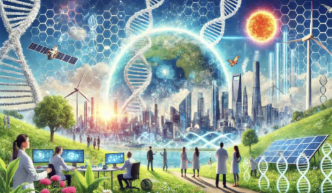 Futuristic drawing of people and technology and DNA strands floating around a globe with solar panels